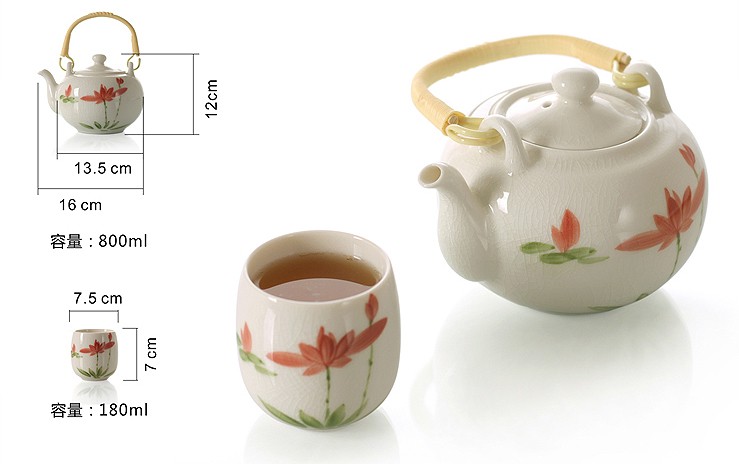 
                                        思喜 800ml景德镇陶瓷 冰裂纹 手绘荷花大容量提梁壶茶具套装JDCJ007 (不含茶盘                