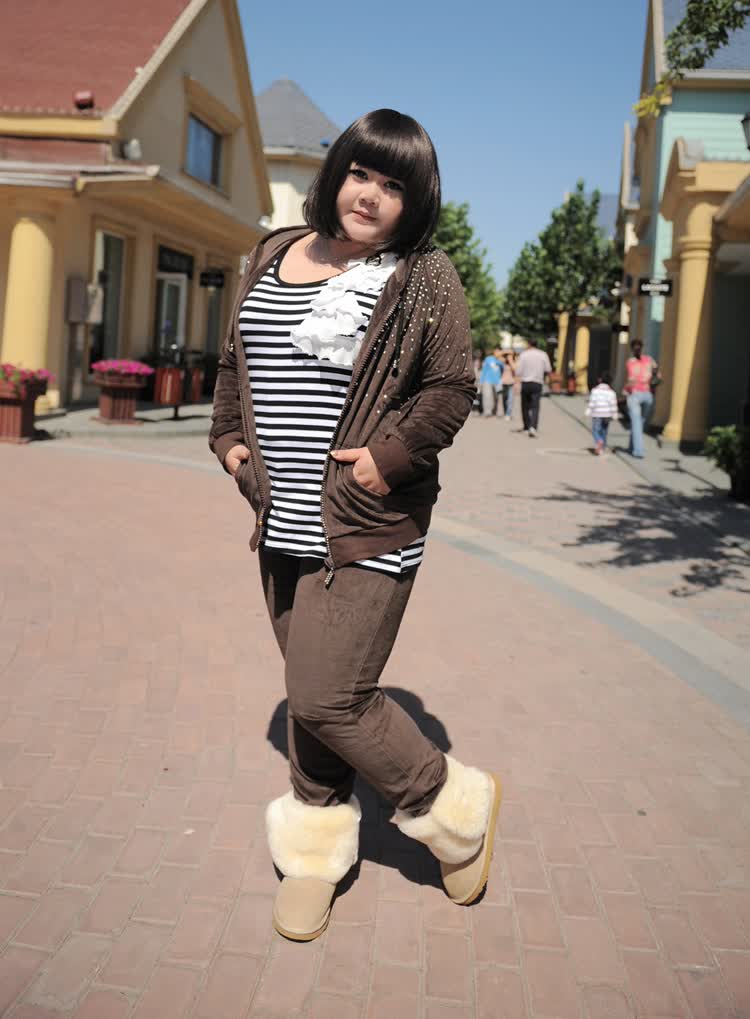 我的老婆是胖妞 大码天鹅绒运动套装 大码女装胖mm秋装 咖色 大码xl