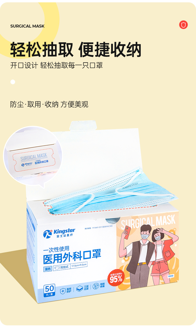 Kingstar官方一次性医用口罩非灭菌级3层防护过滤细菌防晒防尘学生医疗专用男女成人 [非灭菌]成人医用外科袋装10只/袋*2袋共20只 外科口罩