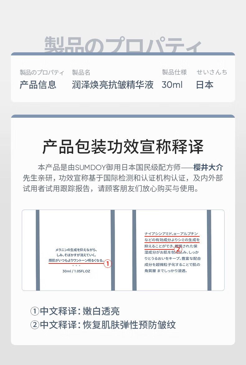 SUMDOY日本进口美白精华液补水保湿抗皱提拉紧致收缩毛孔烟酰胺原液 美白抗皱精华液30ml