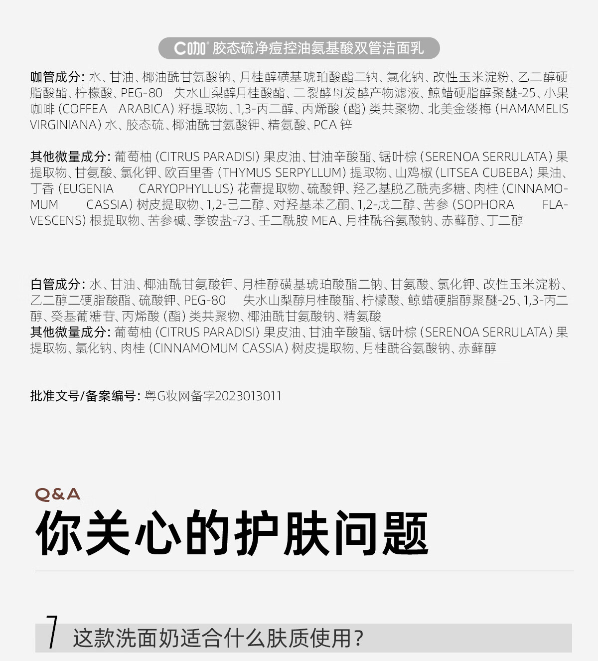 C咖祛痘双管氨基酸洁面乳男女洗面奶白泥祛痘控油清洁毛孔护肤品 祛痘控油双管洗面奶80g*1支