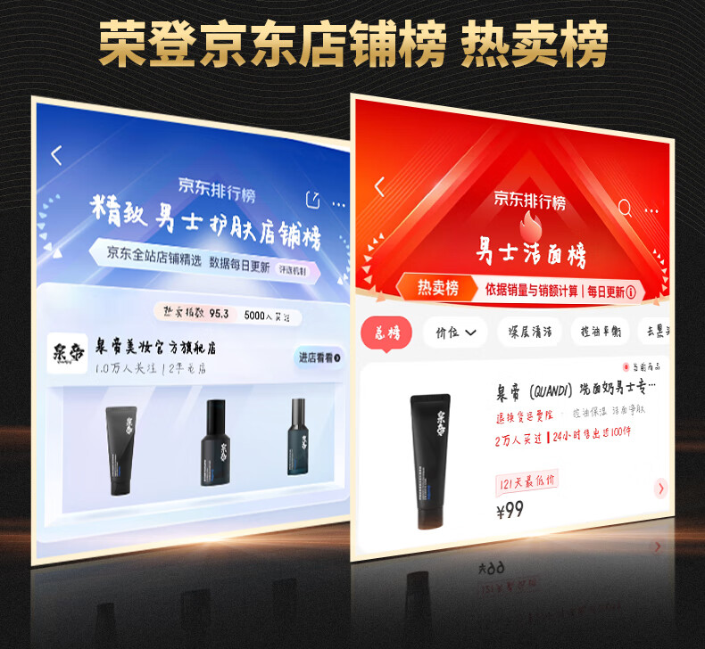 泉帝（QUANDI）洗面奶男士专用控油保湿洁面乳清洁男生护肤品套装深层 quan帝 2支 低至49.5/支【超值推荐】