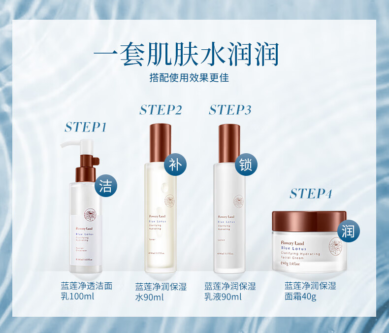 花肌粹（Flowery Land） 蓝莲净润保湿水乳净颜洁面乳面霜补水护肤化妆品组合套装学生女 蓝莲水90ml+乳液90ml