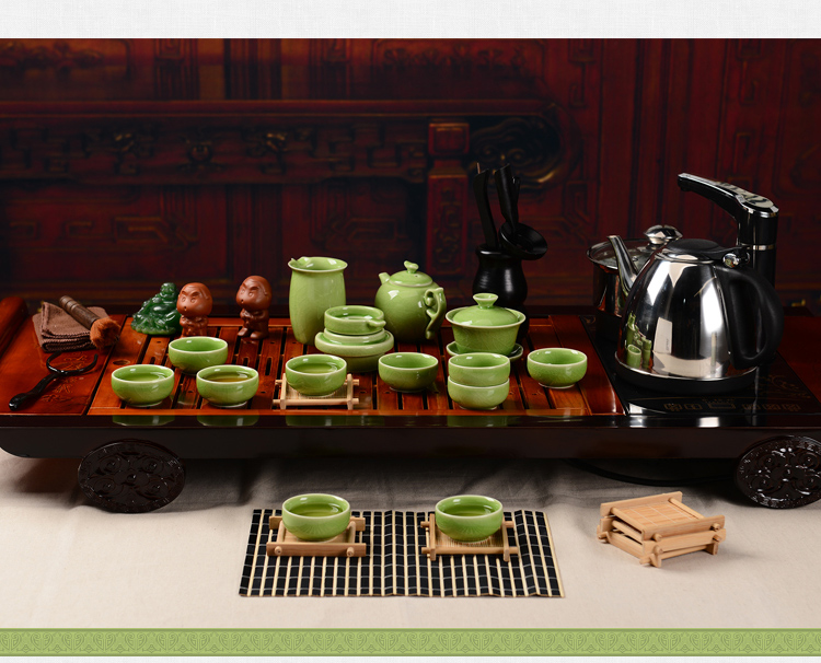 馨铭堂 画卷 青瓷开片釉茶具实木茶盘带电热炉整套功夫茶具套装