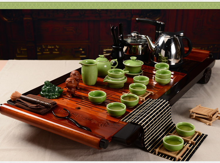 馨铭堂 画卷 青瓷开片釉茶具实木茶盘带电热炉整套功夫茶具套装