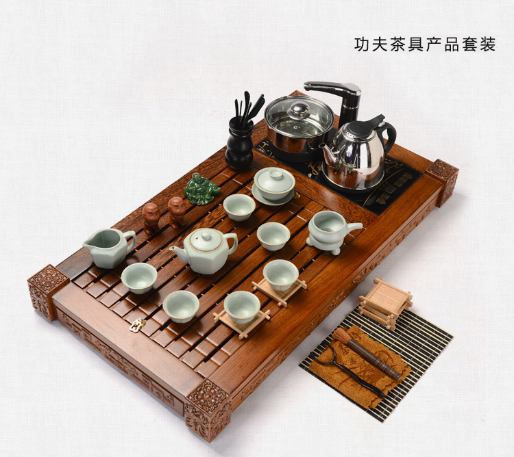 馨铭堂 六角壶汝窑茶具 鸡翅木茶盘带电热炉整套功夫茶具套装