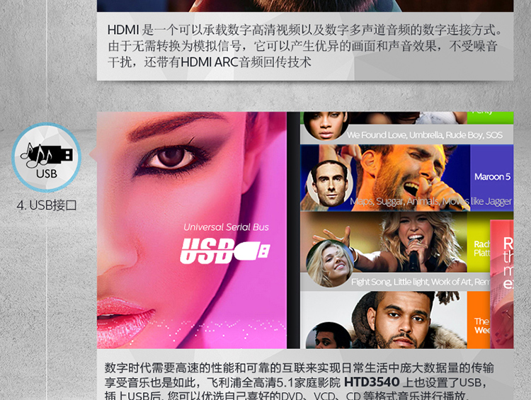 飞利浦（PHILIPS）HTD3540 音响 音箱 家庭影院 功放 DVD 5.1声道音箱 高清1080P USB连接 卡拉OK（黑）