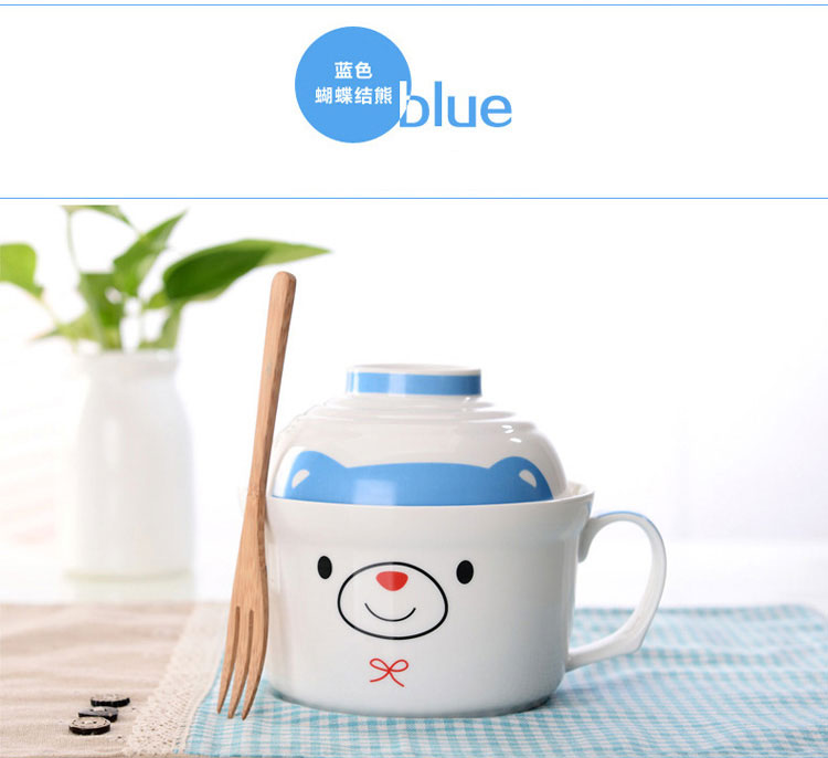 
                                        剑林 景德镇韩式卡通陶瓷泡面带盖碗泡面杯餐具套装 微波炉适用 绿色领结狗                