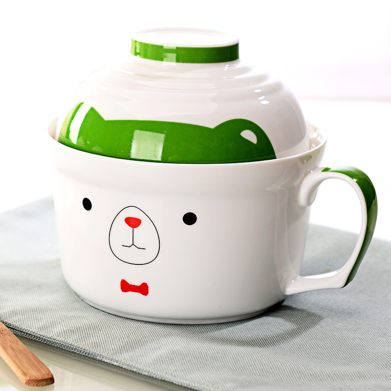 
                                        剑林 景德镇韩式卡通陶瓷泡面带盖碗泡面杯餐具套装 微波炉适用 绿色领结狗                