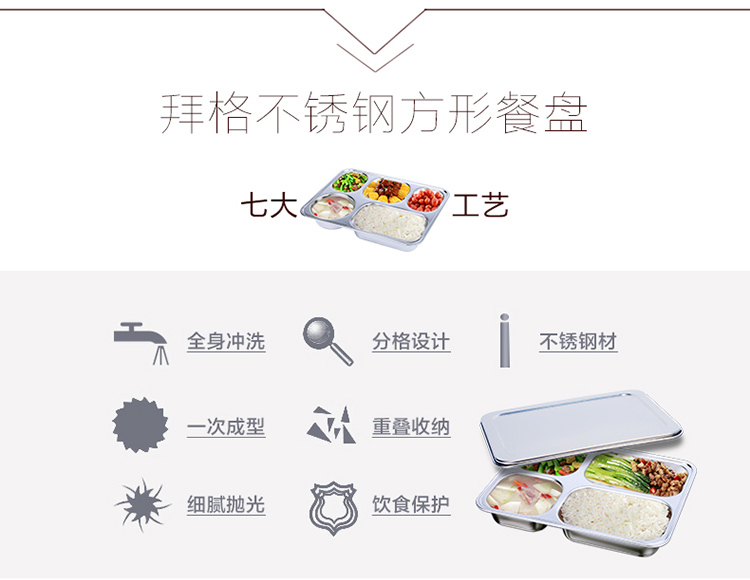 
                                        拜格BAYCO 餐盘304不锈钢快餐盘饭盘分隔餐盒方形五格BS4724                