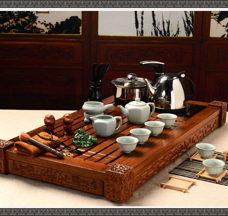 馨铭堂 六角壶汝窑茶具 鸡翅木茶盘带电热炉整套功夫茶具套装