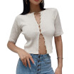 Women Short Sleeve Front Open Cardigan Button Up Knitting Crop T-Shirts Tops Ladies Summer T-shirt Cardigan