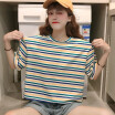 Womens Fashion O Neck Rainbow Striped Short Sleeve Casual Loose Pullover Crop Top T-Shirt