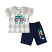 2 Unids  Set Bebé Niño Verano Algodón Manga Corta Camisa De Dibujos Animados Patrón A Cuadros  Pantalones De Color Sólido Niños Casual Cómodo Conjunto