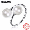 New Arrival Boho 925 Sterling Silver Wedding Bride Ring Elegant Double Pearls Ring Love Asymmetry Pearl Ethnic Jewelry For Women