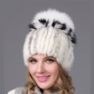 women knitted Mink Fur Hat styles female fur Cap with fox fur pompom lining Women Winter Headwear girls hats for beanies