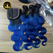 Kason Brazilian Virgin Hair 3 Bundles With Lace Closure 4PcsLot Ombre 1B Blue Color Human Hair Weave Bundles Closure Free Shippi
