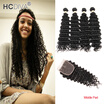 HCDIVA Deep Wave Human Hair 4 Bundles with Lace Closure Peruvian Virgin Hair Lace Closure with Hair Weft FreeMiddleThree Part