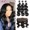 ALot Human Hair Brazilian Virgin Hair Lace Frontal Closure with 3 Bundle Hair Weave Brazilian Body Wave Natural Black