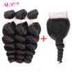 ALot Hair Brazilian 3 Bundles Loose Wave with Lace Closure Loose Wave with 4x4 Closure 7A Virgin Human Hair Weave with Closure