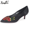 Xiangban Female Pumps Mid Heels Chinese Style Embroidery Women Shoes Genuine Leather