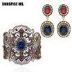 2pcs Sets Vintage Bracelet Earring Turkish Women Antique Gold Color Round Resin Jewelry Sets Flower Bangle Long Dangle Earrings