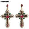 Elegent Vintage Turkish Women Cross Long Dangle Earrings Antique Gold Color Resin Rhinestone Multicolor Ethnic Religion Jewelry