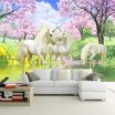 Custom Mural Wallpaper European Fantasy Style Fairy Tale Cartoon Unicorn Cherry Blossom Wall Mural For Kids Bedroom Wall Paper