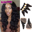 Peruvian Virgin Human Hair 13x4 Lace Frontal Ear To Ear Closure Loose wave Natural black Free Part 8-22 Inch Full Wave Bundles Wit