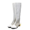 plus size 34-46 Women Spring Summer Bud Silk Zip Knee High Boots Hollow Cut Outs Crystal Thick Heel High Heels Round Toe Shoes