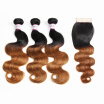 Racily Hair Ombre Brazilian Body Wave 3 Bundles with Lace Closure Color 1B 30 Black to Dark Brown Free Middle Three Part