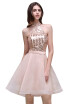 2018 Elegant Cheap Sequins A-Line Mini Cocktail Party Dress Pink Short Halter Organza Sexy Backless Homecoming Ball Gowns Dress