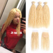 HCDIVA Color 613 Blonde Kinky Curly 3 Bundle Hair with Lace Closure Free Part Brazilian Virgin Curly Hair Closure with Bundle