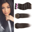 Glary Brazilian Human Hair 100 Unprocessed Straight Virgin Human Hair 3 Bundles with 4x4 Lace Closure Free Part Natural Black