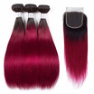 HCDIVA Ombre Hair Bundle with Closure Brazilian Virgin Straight Human Hair Weaves 3 Bundle with Closure Ombre Color 1BBurgundy