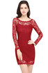 Vestido de Festa Curto Sexy Sheer Long Sleeve Burgundy Short Bodycon Dress 2017 Cheap O Neck Black Lace Dress Vestidos Femininos