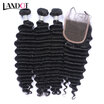 9A Malaysian Deep Wave Virgin Hair With Lace Closure 3 Bundles Malaysian Curly Human Hair Weave And Closure 4Pcs Lot Natural Black
