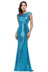 Elegant Blue Cap Sleeves Sequined Mermaid Long Evening Dresses 2018 Sweep Train Backless Formal Party Prom Dresses