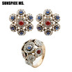 Classic Round Crystal Earring Ring Jewelry Sets Antique Gold Color Rhinestone Stud Earrings Bohemia Ethnic Wedding Jewelry 2018