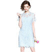 2018 New O-Neck Blue Hollow Out Knee-Length Short Sleeve Sweet Women Office Lady Elegant Hollow Out Lace Dress