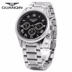 GUANQIN Men Steel Band Calendar Quartz Watch 10ATM Water Resistant with Three Moving Sub-dials