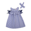 Kids Baby Girls Clothes Striped Off-shoulder Short Sleeves Party Gown Headband Formal Dresses