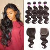 Brazilian Virgin Human Hair Body Wave Bundles with Lace Closure 44 Free Part Naural Black Unprocessed Hair Bundles with Closure