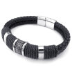 Hpolw Mens Leather Stainless Steel Bracelet Braided Cuff Bangle Black Silver - 8 85 9 inch