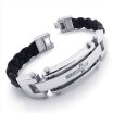 Hpolw Mens silver&black Stainless Steel Leather&Bolt buttoned Cross crystal Bracelet