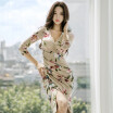 Women OL Flowers Printing Pencil Dress Irregular Sexy V-neck Party Sheath Vestido Vintage Work Bodycon Dresses