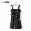 Fashion PU leather dress women V neck mini sexy dress Christmas sash zipper winter black short dress sundress vestido