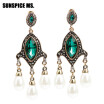 SUNSPICE MS Indian Retro Vintage Bead Drop Earrings Antique Gold Color Big Crystal Boho Long Dangle Wedding Earrings Jewelry New