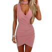 Womens Ladies Choker V Neck Wrap Over Evening Short Mini Bodycon Party Dress