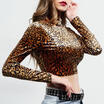 Womens Leopard Printed Turtle Neck Long Sleeve Crop Top T-shirt Blouse Clubwear